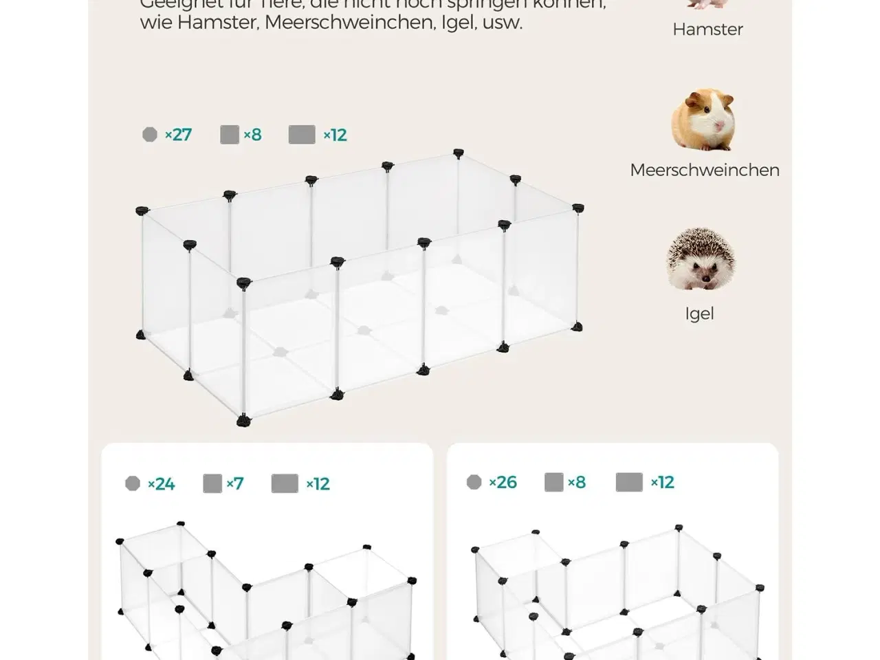 Billede 3 - Kæledyrs løbegård med bund indendørs modulær plastikbur til smådyr, hvid, 125 × 63 × 42 cm (LPC001W01)