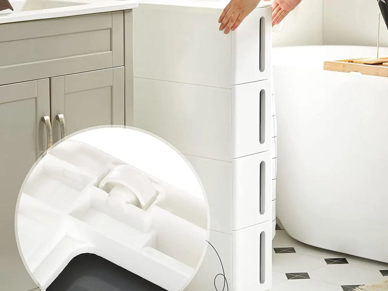 Billede 4 - Køkkenopbevaring skuffetårn smal plast, 4 skuffer, på hjul, hvid/grå, 45 × 17 × 84 cm