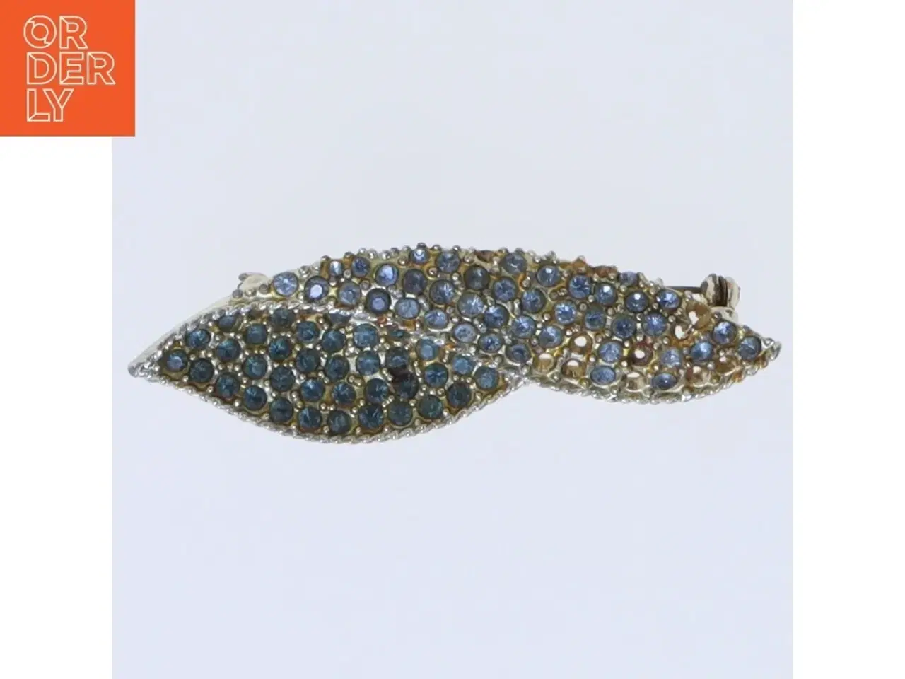 Billede 1 - Bladformet broche med blå sten (str. 7,5 cm)