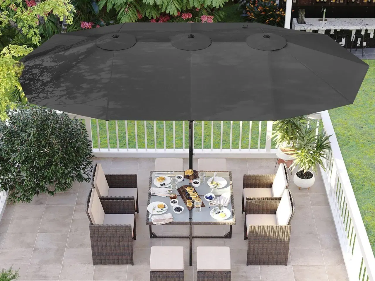 Billede 3 - Parasol dobbelt 460 × 270 cm stor terrasseparasol med svej, UPF 50+, håndsving, grå (uden base)