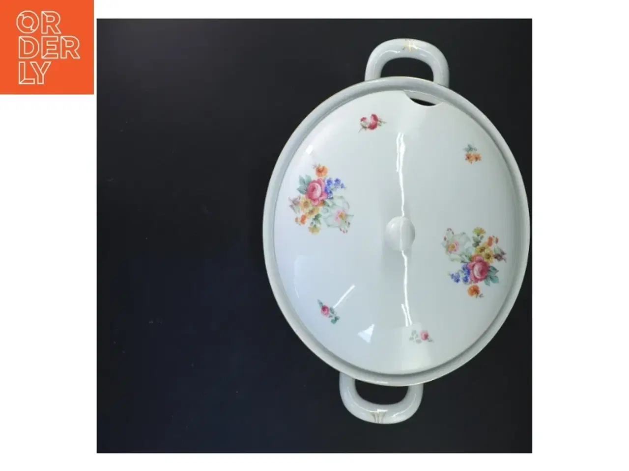 Billede 3 - Porcelæns serveringsskål med låg og blomsterdekoration (str. 35x22 cm)