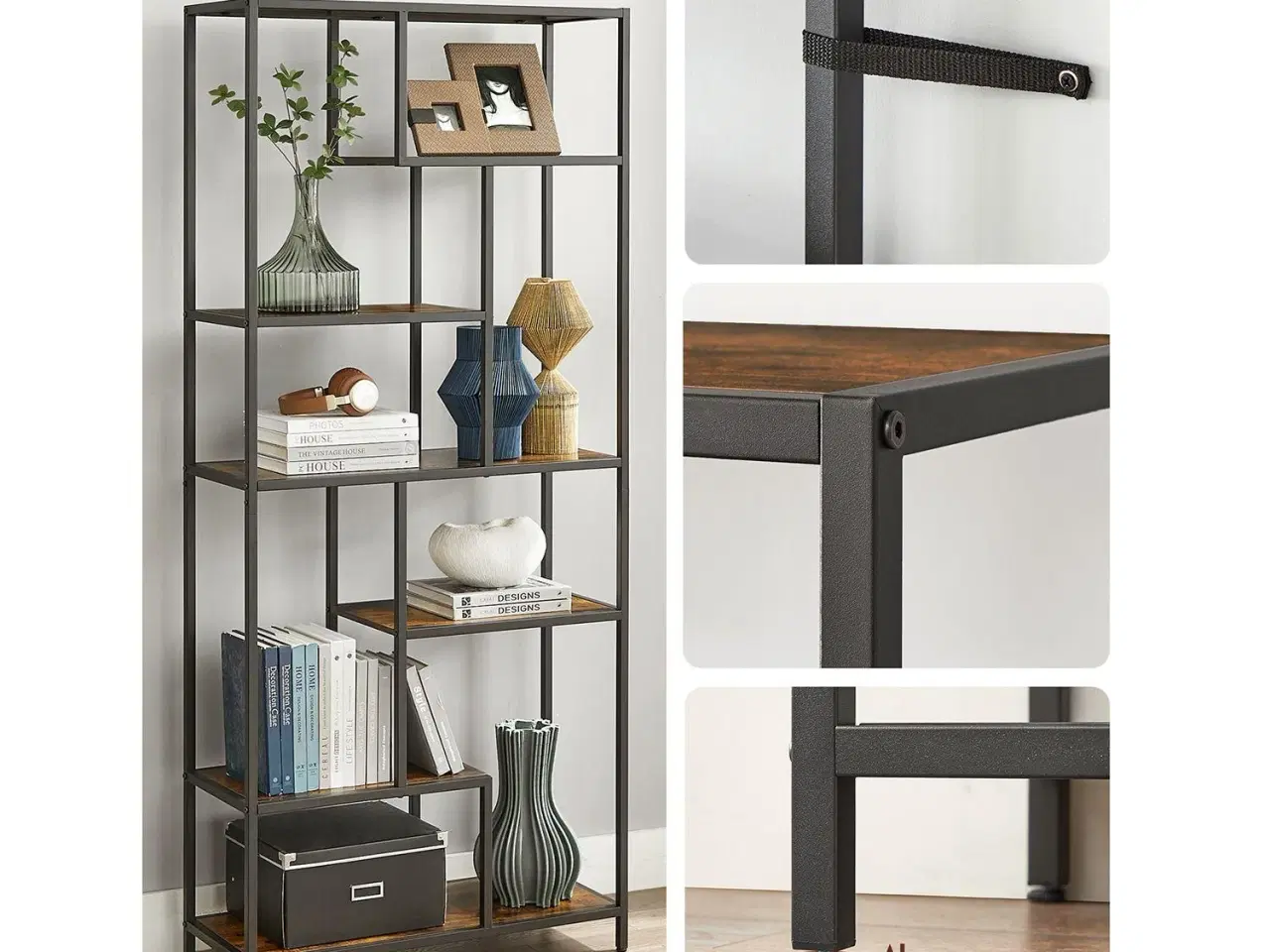 Billede 7 - Bogreol 6 niveauer geometrisk udstillingsreol, fritstående opbevaring, 30 × 80 × 180 cm, rustik brun/sort