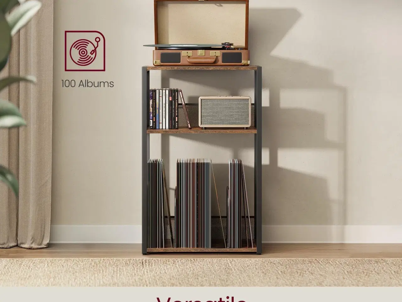 Billede 3 - Pladespillerbord med 3 hylder – vinylopbevaring til op til 100 albums, sidebord til stue og soveværelse, rustik brun