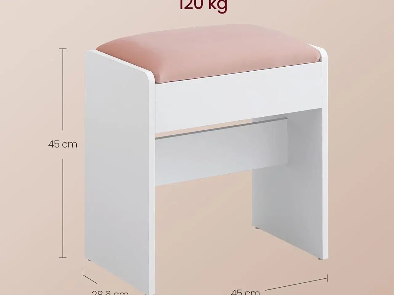 Billede 3 - Makeupskammel polstret velvet, skridsikre fødder, mat hvid/pastelrosa