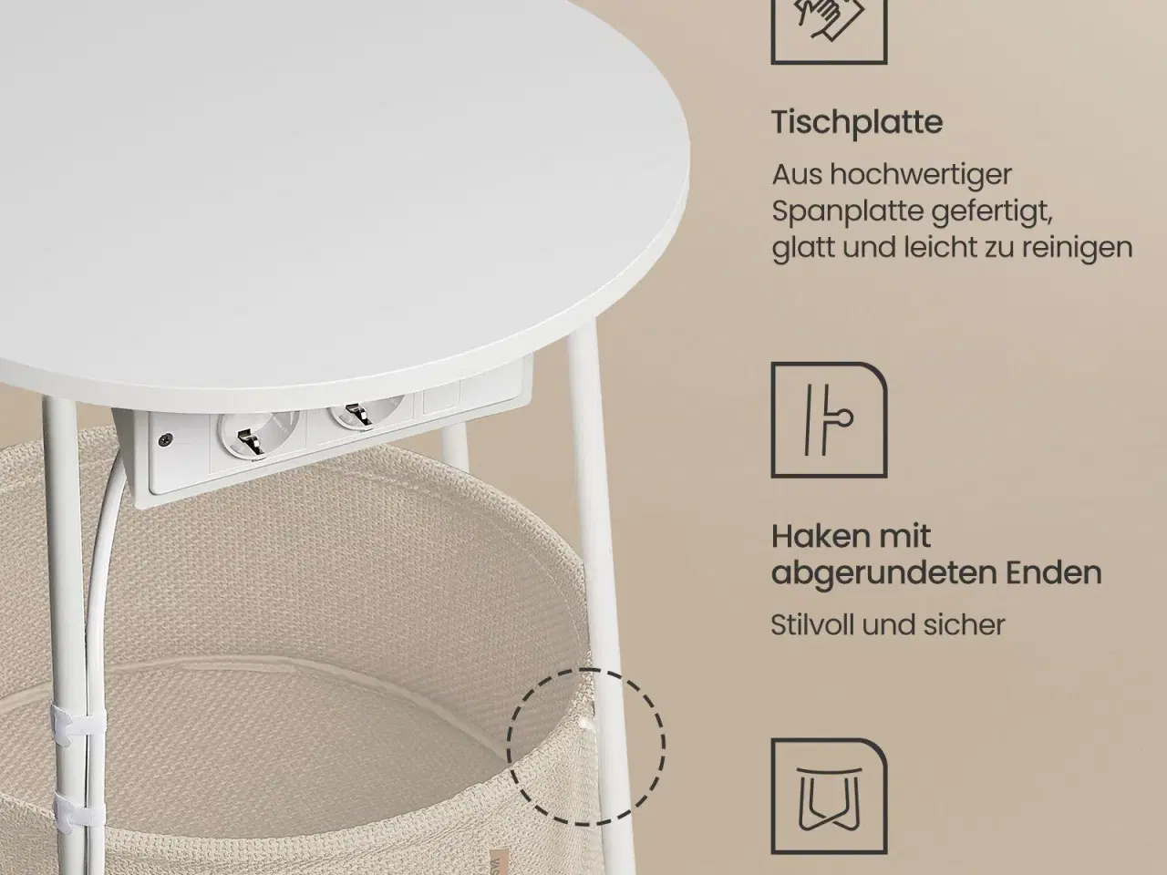 Billede 6 - Sofabord rundt sidebord med stofkurv og strømudtag, mat hvid/kamelbrun