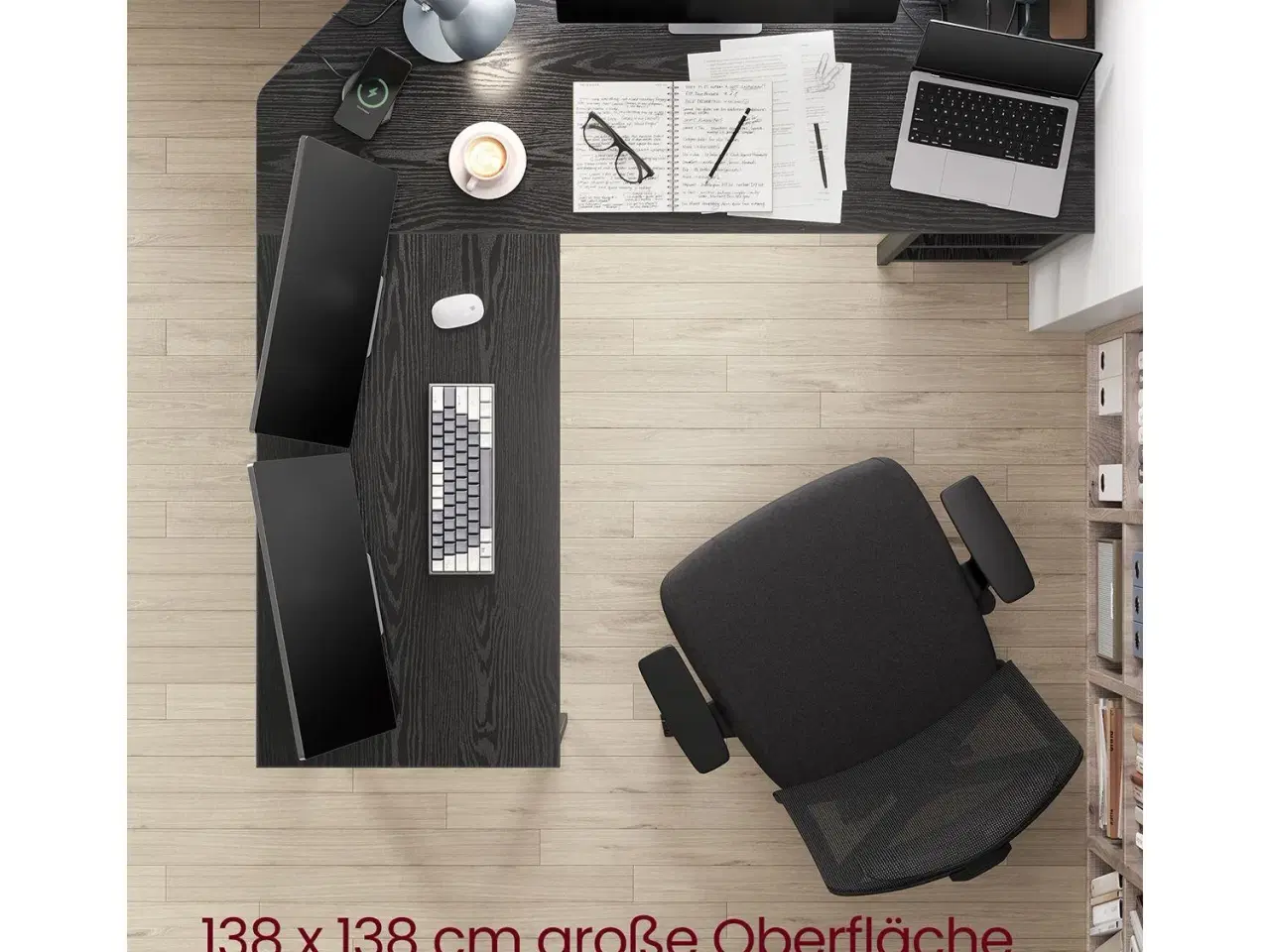 Billede 3 - L-formet hjørneskrivebord 138 × 138 × 76 cm – gaming- og arbejdsbord med 2 opbevaringshylder, sort trælook