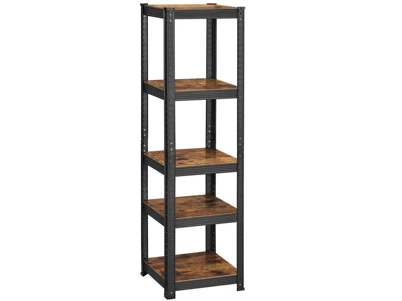 Billede 1 - Reolsystem metal med trælook 37×37×150 cm 5 hylder, justerbar, 400 kg samlet belastning, rustik brun/sort
