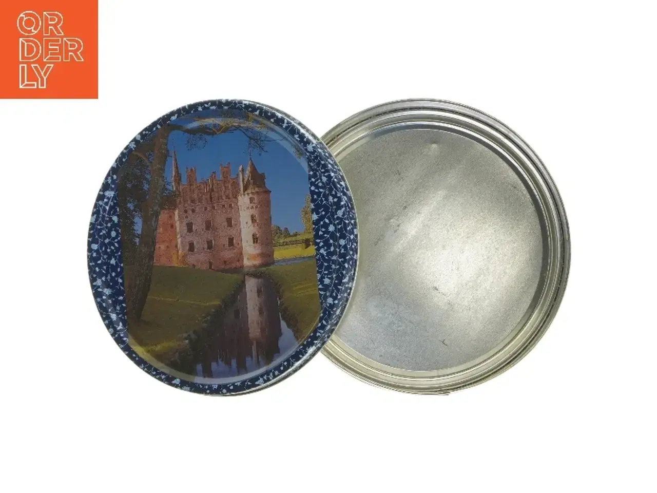 Billede 4 - Rund metaldåse med blomstermønster (str. Ø 19,5 cm længde 6,5 cm)