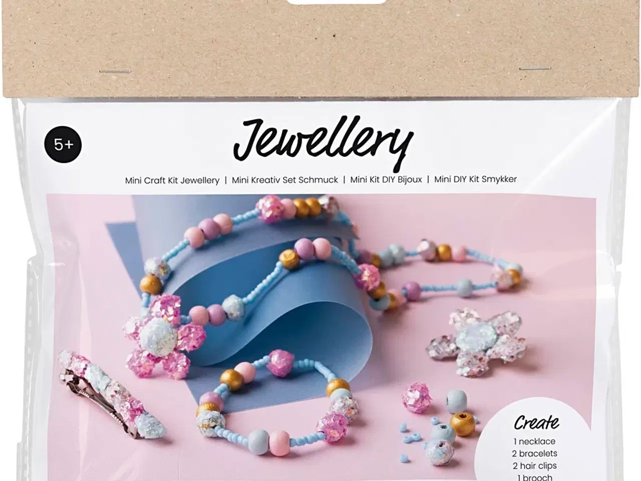 Billede 1 - Mini DIY Kit Smykker, Halskæde, armbånd, spænder, broche, blå, lys blå, pastelpink, 1 pk.