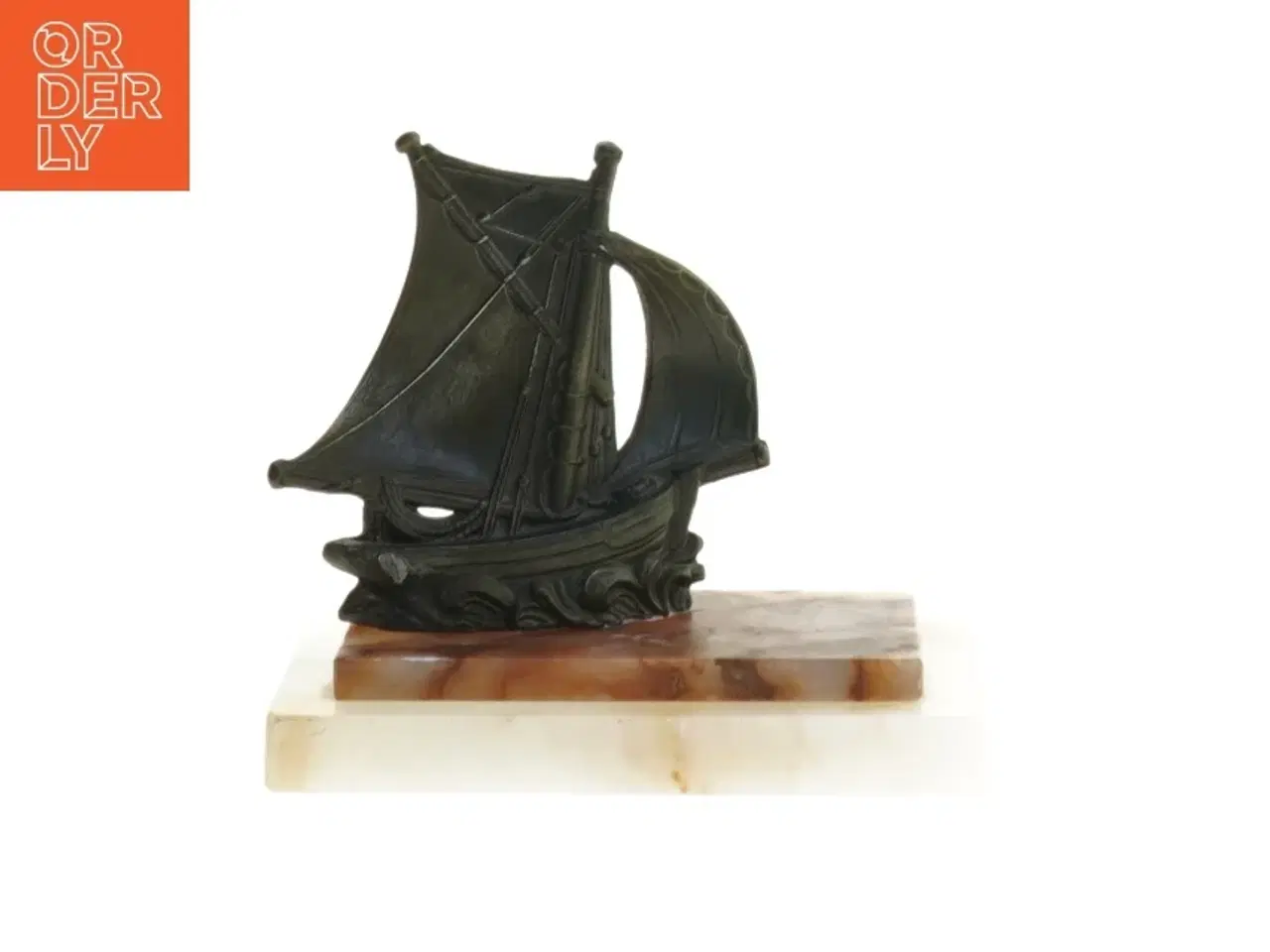 Billede 1 - Dekorativ metal bådskulptur på Onyx marmorbase (str. 13x7,5x12 cm)