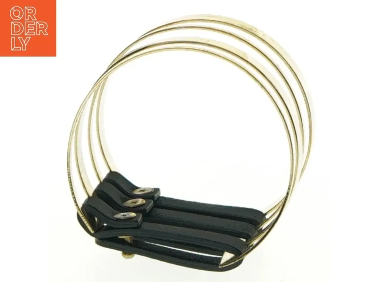 Billede 1 - Gyldent armbånd med sort læder (str. Ø6,5 x, 5 cm )