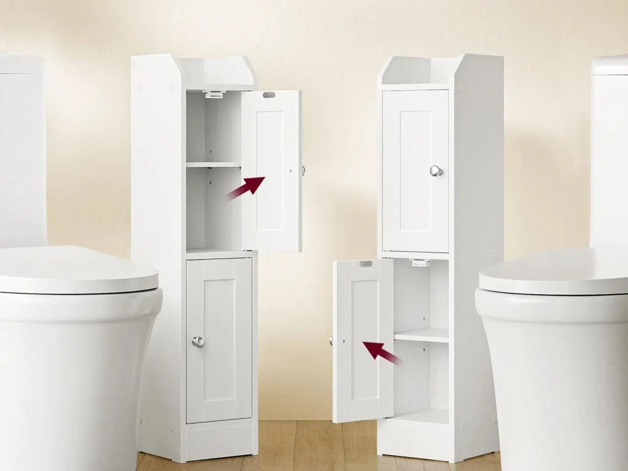 Billede 3 - Slankt badeværelsesskab – hjørneskab til gulv, smal toiletrulleopbevaring, justerbare hylder, venstre/højre-hængte døre – Cloud White