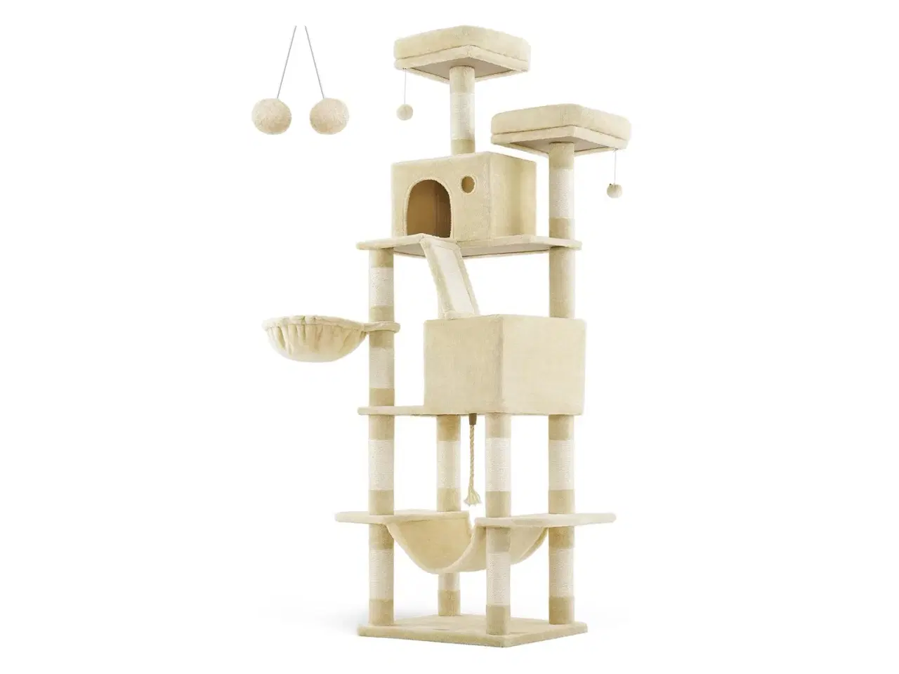 Billede 1 - Klatretræ til kat Feandrea, XXL kradsetræ 206 cm, 13 kradsepæle, 2 platforme, 2 huler, hængekøje og kurv, beige