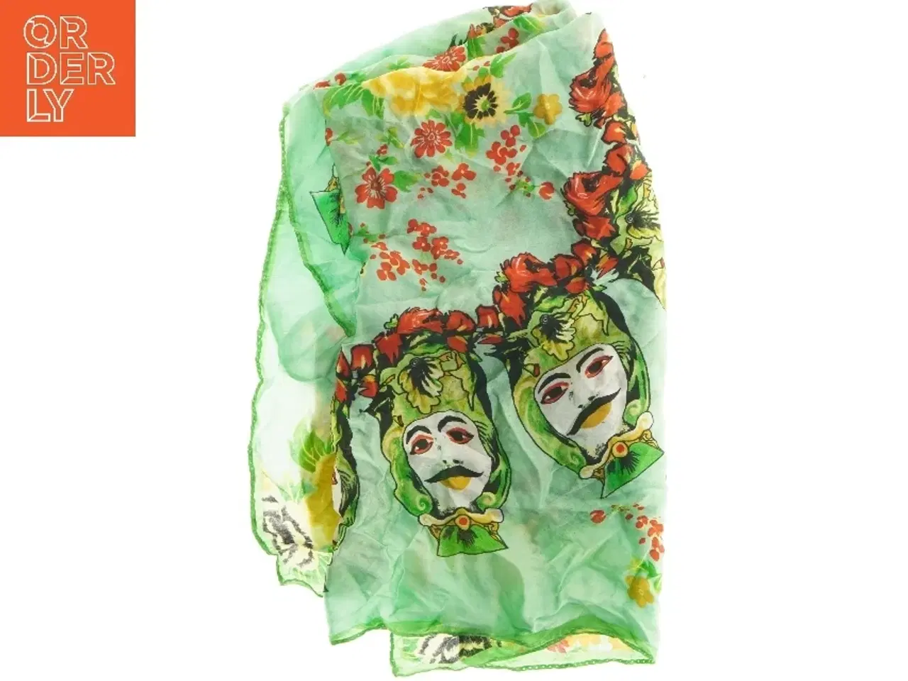 Billede 1 - Grøn tørklæde med farverigt mønster (str. 80x80 cm)