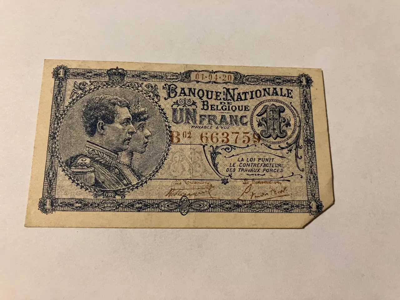 Billede 1 - 1 Franc Belgium 1920