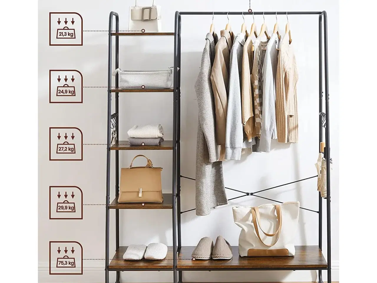 Billede 4 - Tøjstativ med hylder 5 niveauer, skohylde, 6 sidekroge, rustik brun/sort