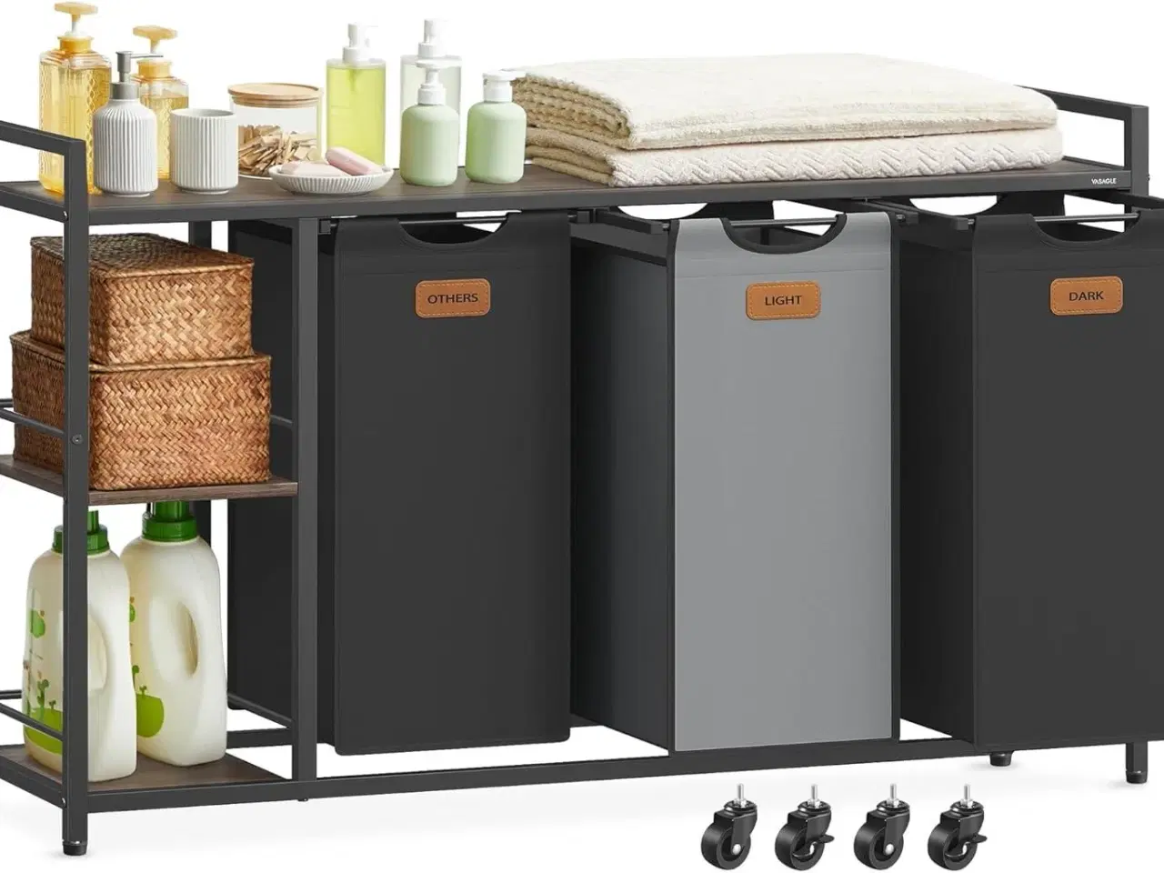 Billede 1 - Vasketøjskurv med 3 rum 150 l sorter, rullevogn med hylder, aftagelige poser, 6 mærker, kastanjebrun/sort/duvegrå