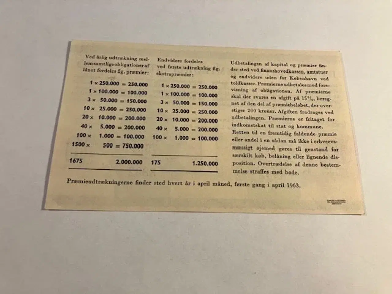 Billede 2 - Dansk Præmieobligation af 1963 seddel