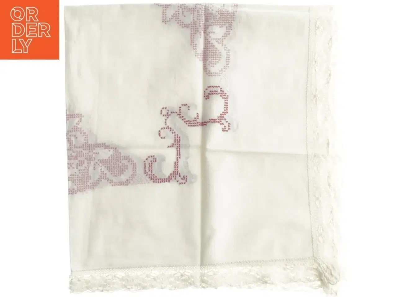 Billede 1 - Broderet hvid pyntedug med blonder (str. 80 x 84 cm)