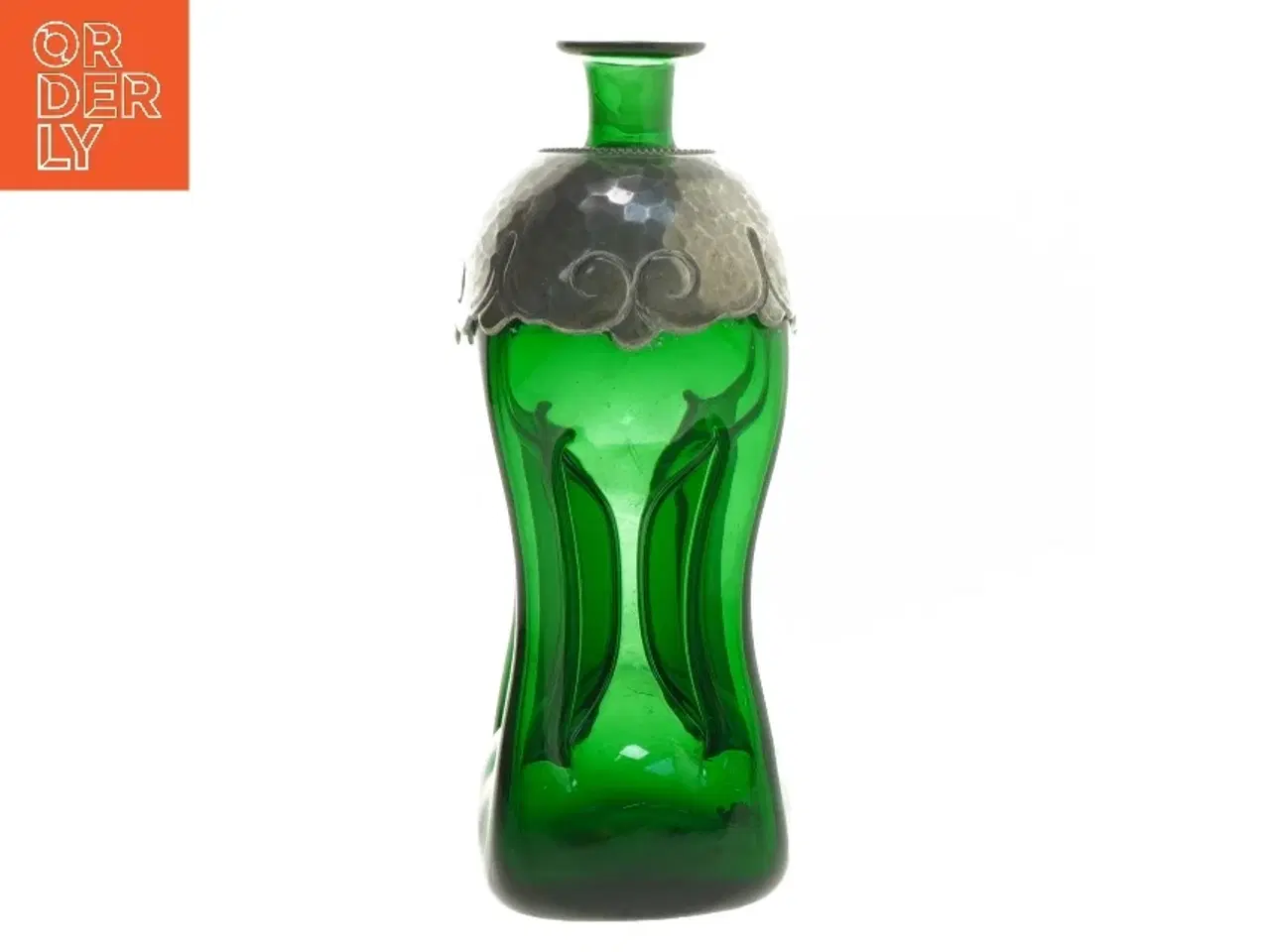 Billede 1 - Grøn glasflaske med metaldekoration (str. 18 cm)