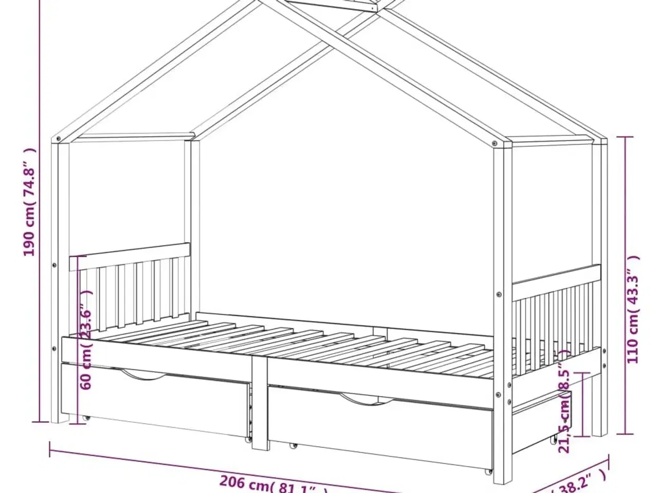 Billede 7 - Sengestel til børn + skuffer 90x200 cm massiv fyrretræ mørkegrå