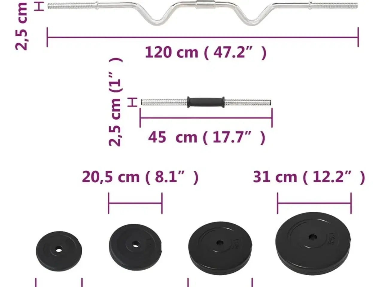 Billede 10 - Curl-vægtstang og håndvægt med skiver 60 kg