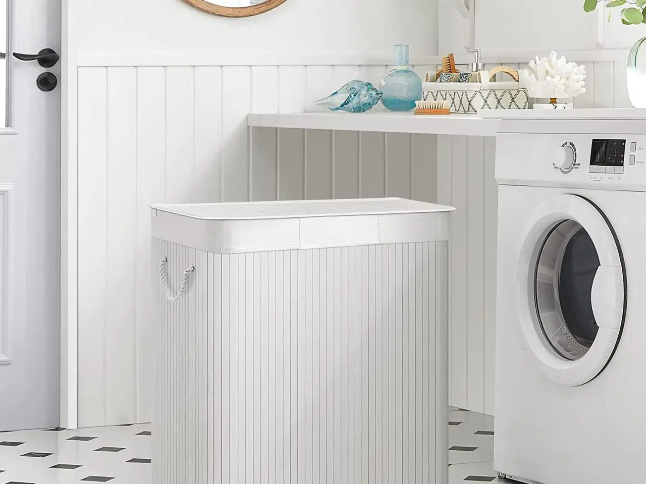 Billede 2 - Vasketøjskurv med låg 3 rum, 150 l, sammenklappelig, hvid