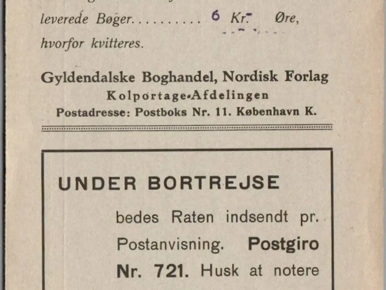 Billede 1 - Postindkassering - Gyldendals Boghandel - 1933 - 6,- kr