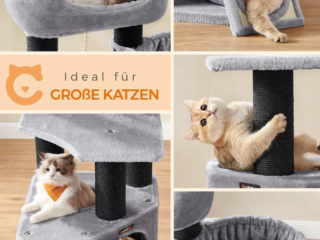 Billede 3 - Kattetræ – FEANDREA stort kradsetræ med blød plys-kurv, hule og hængekøje, ekstra tykke sisalstolper, stabilt – lysegrå PCT02W