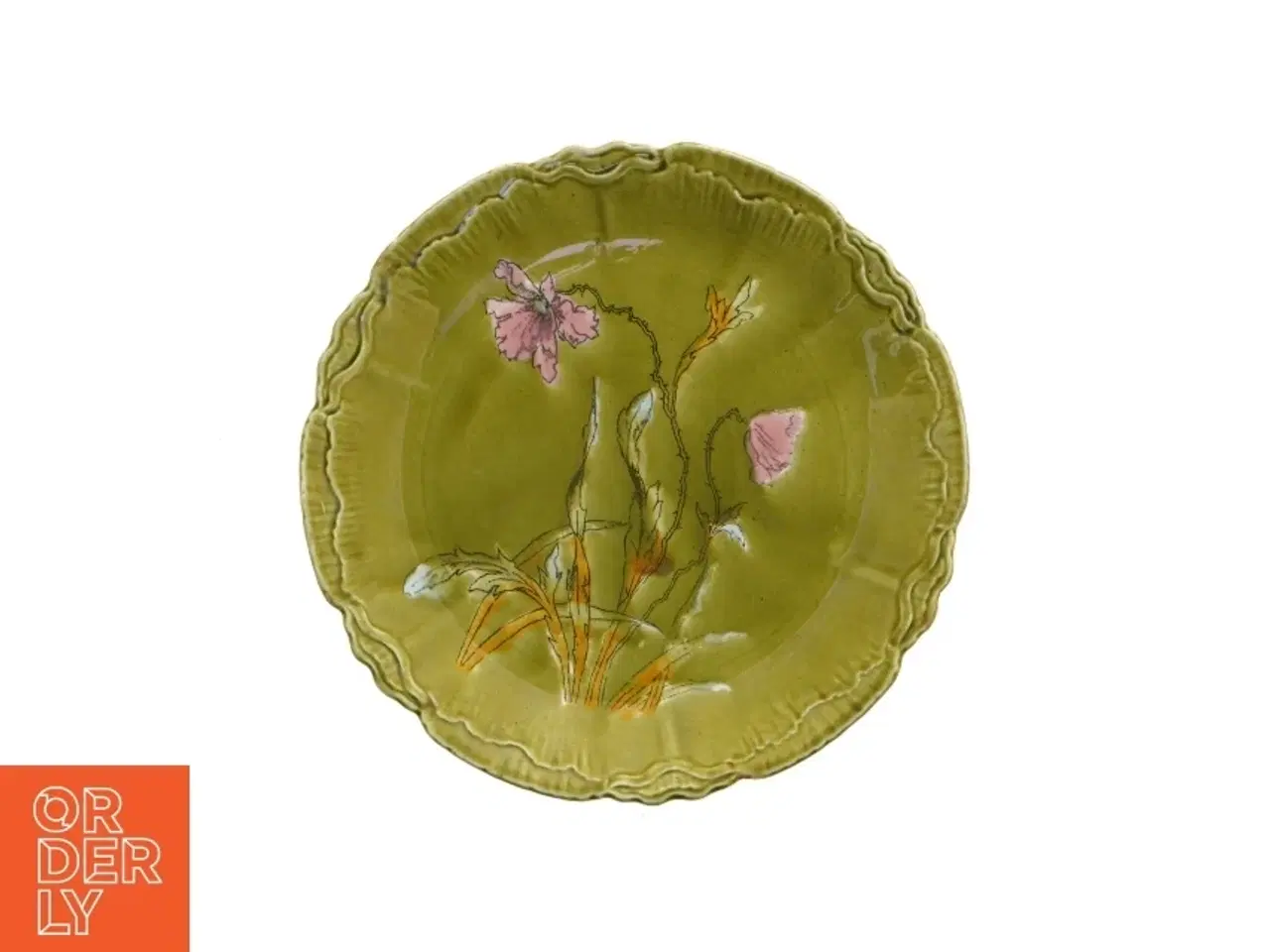 Billede 5 - Grøn Majolica blomster dekoreret keramik tallerken fad (str. Ø 24 cm)