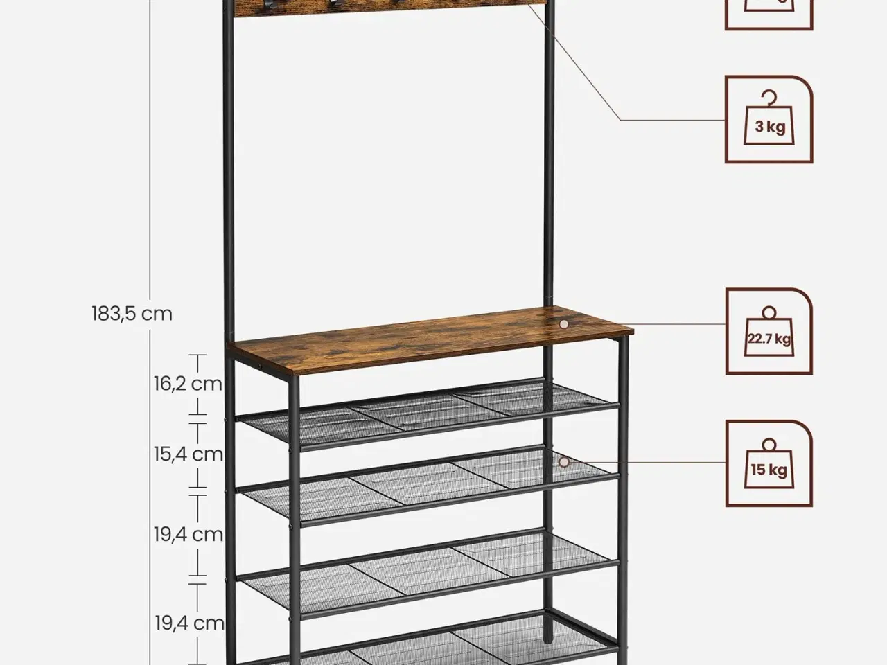 Billede 7 - Tøjstativ med skohylde hall tree, 5 niveauer, 5 dobbelte kroge, tophylde, industrielt look, rustik brun/sort (HSR408B01)