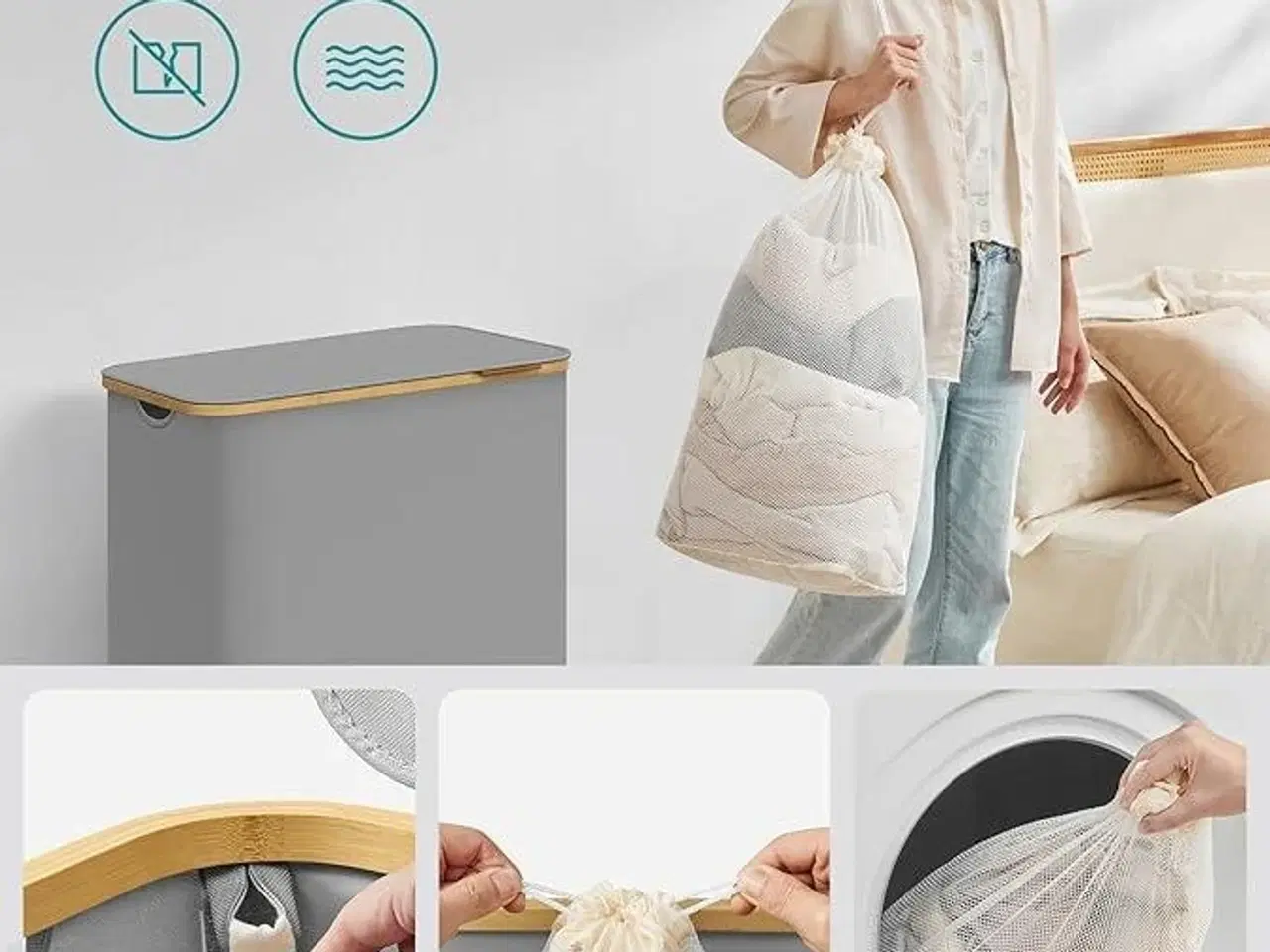 Billede 5 - Vasketøjskurv med låg 3 rum, 150 l, aftagelig netforing, Oxford-stof, bambushåndtag, sammenklappelig, 60 × 38,5 × 70,5 cm, duegrå