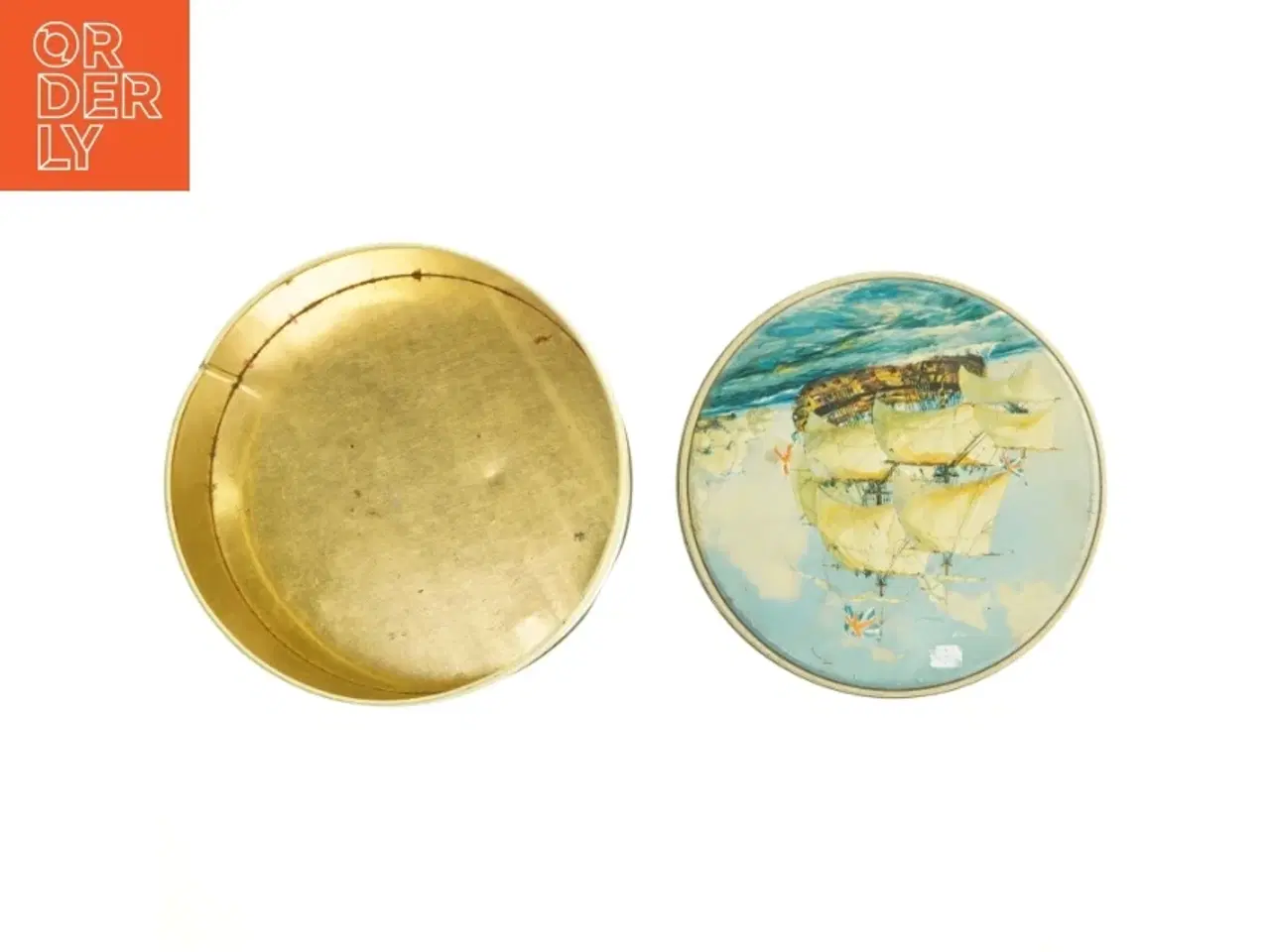 Billede 3 - Vintage metal blikdåse med skibsmotiv (str. Ø 23. cm)