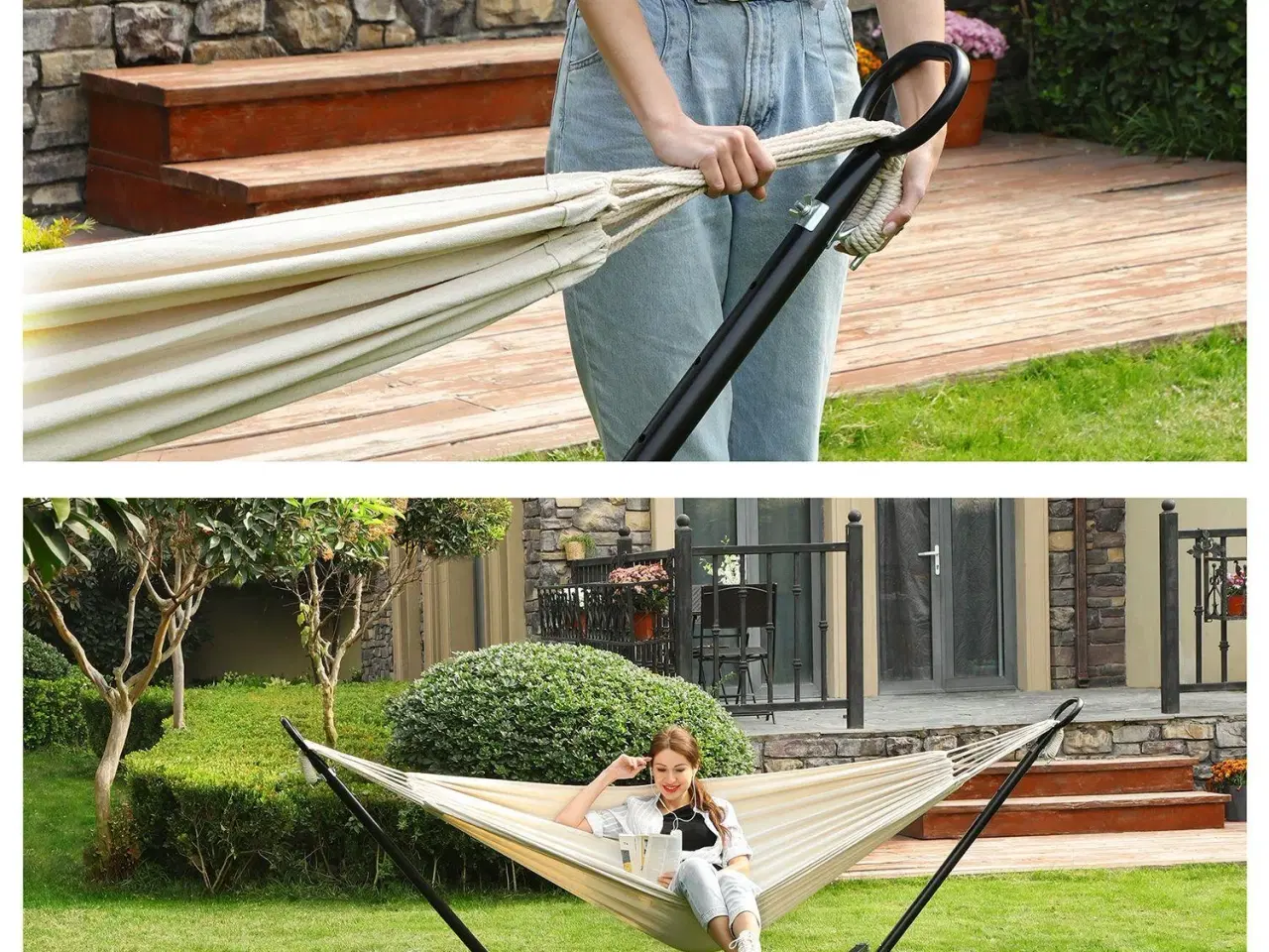 Billede 7 - Hængekøje med stativ – 210 × 150 cm, 5 højder, metalramme, 240 kg – sort stativ og beige hængekøje