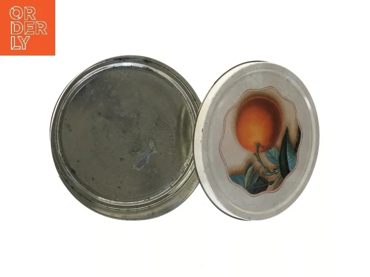 Billede 2 - Dekorativ metaldåse med frugtmotiv (str. Ø 19,5 cm højde 10 cm)