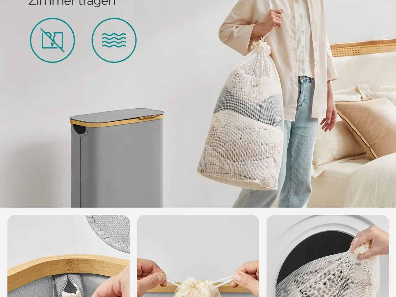 Billede 5 - Vasketøjskurv med låg 65 l slank model med aftagelig netpose, Oxford-stof, bambushåndtag, sammenklappelig, duegrå (42 × 22,5 × 70,5 cm)