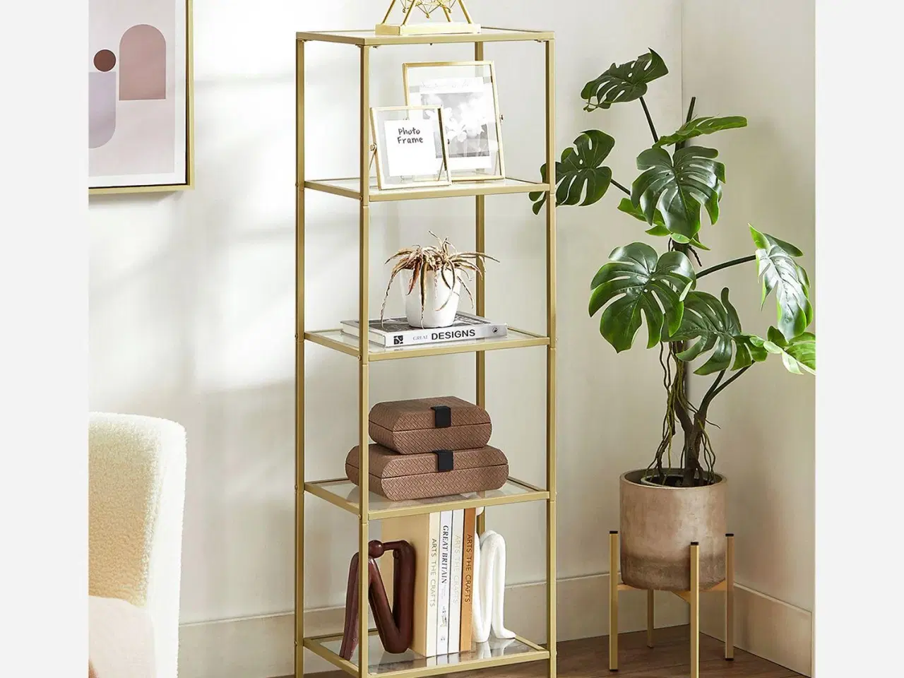 Billede 2 - Reol m. glas - 5-etagers, slank stigereol i 'guld'