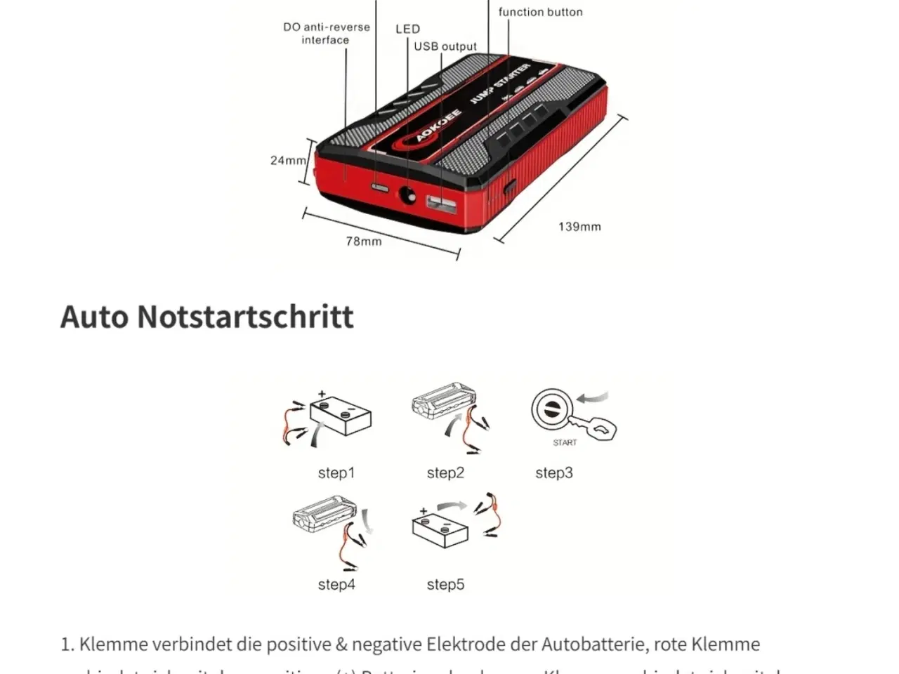 Billede 3 - AOKOEE Jump Starter 1500A Peak Bærbar Bil Jump Sta