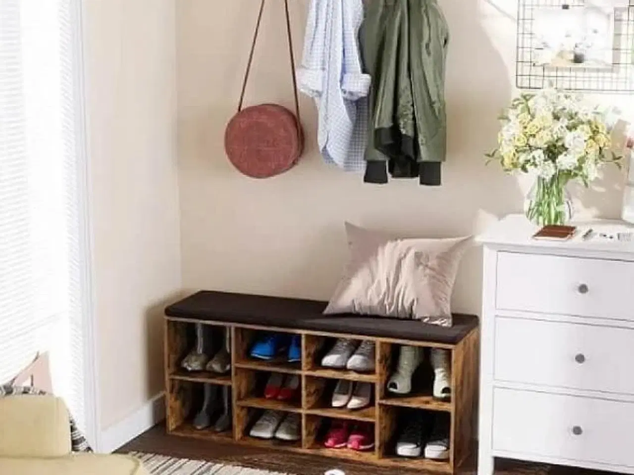 Billede 4 - Opbevaringsbænk til sko 10 rum, med hynde, 104 × 30 × 48 cm, rustik brun