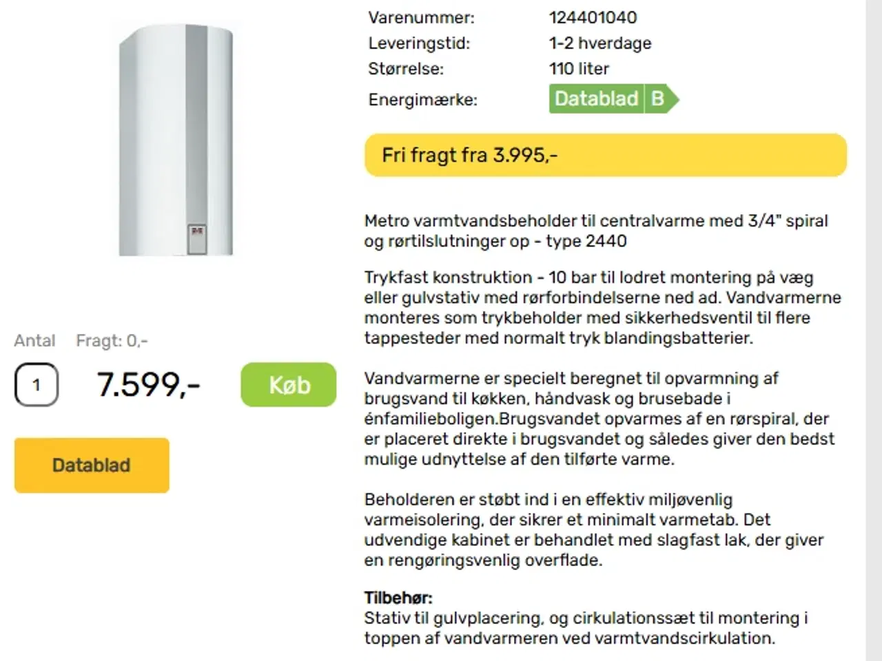 Billede 1 - Metro 110 Varmtvandsbeholder rør op 371981041