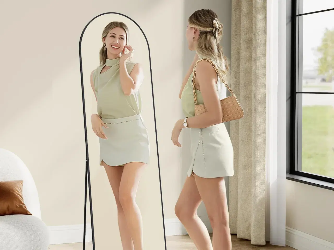 Billede 10 - Gulvspejl fuld længde 160 × 50 cm buet spejl med stander, hærdet glas, aluminiumsramme, Ink Black