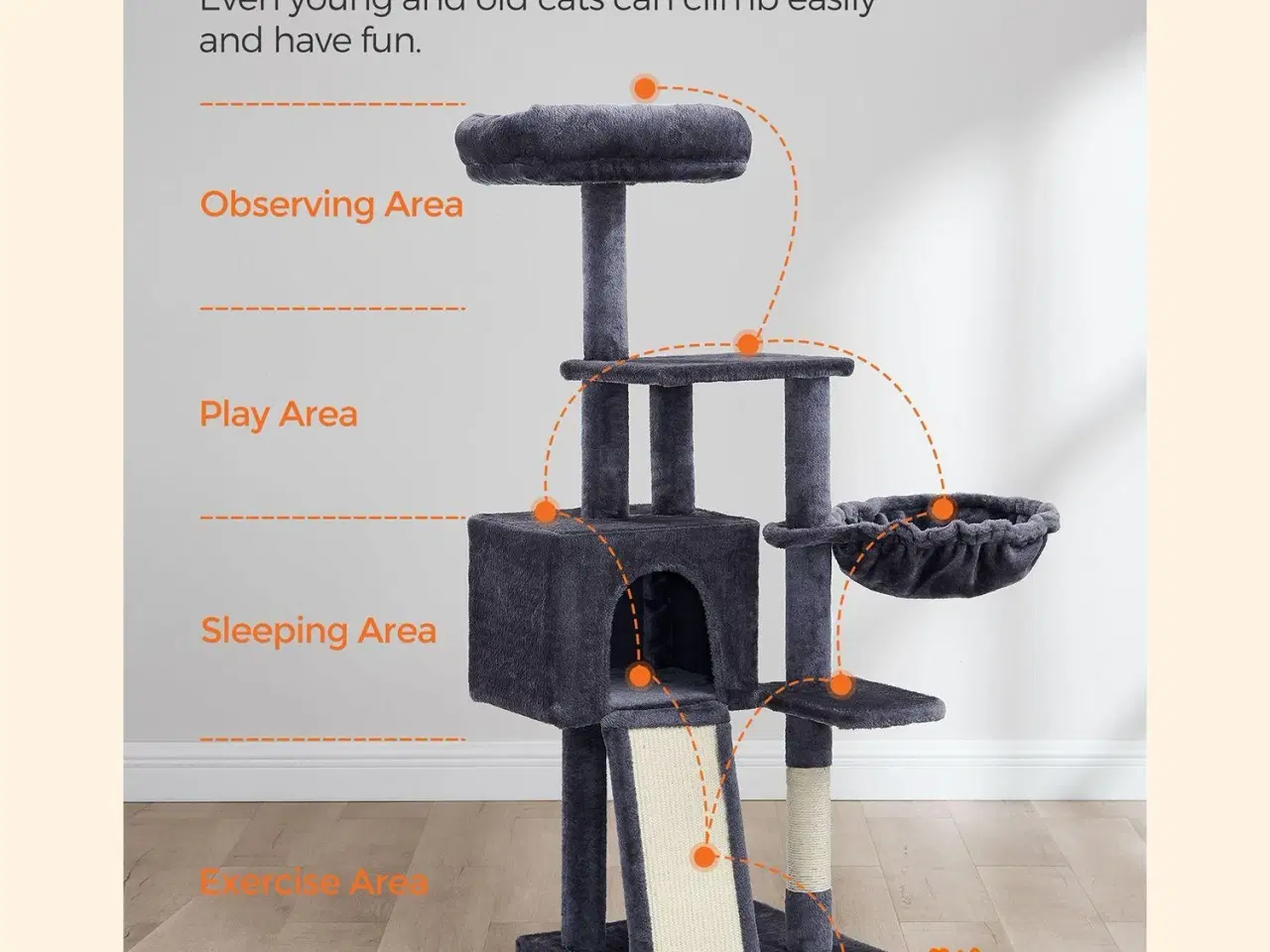 Billede 3 - Kattetræ med kradsebræt 135 cm – SONGMICS/Feandrea, mørkegrå