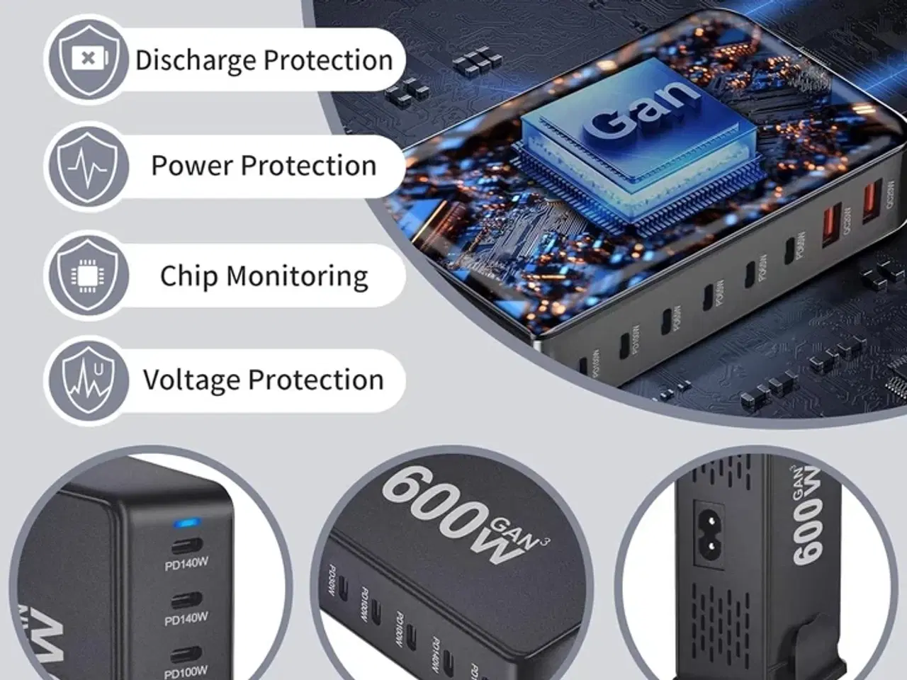 Billede 3 - Ladestation GaN 600W – 8 porte (USB-C & USB-A) – Hurtig opladning til mobil og bærbar computer