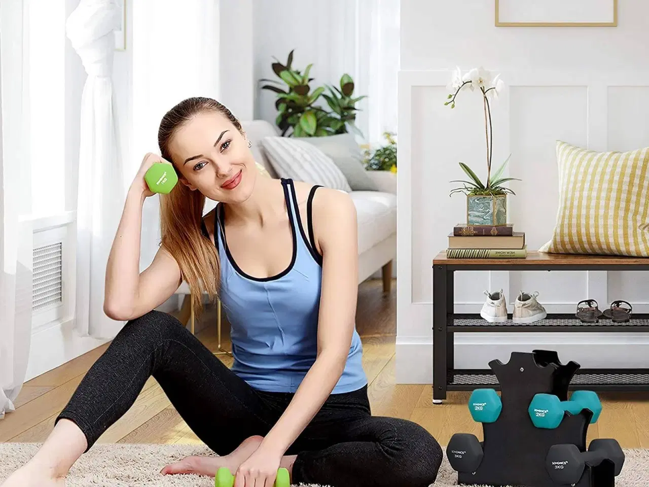 Billede 2 - Håndvægtsæt med stativ – 2 x 1 kg, 2 x 2 kg, 2 x 3 kg, neopren – lime, teal og mørkegrå