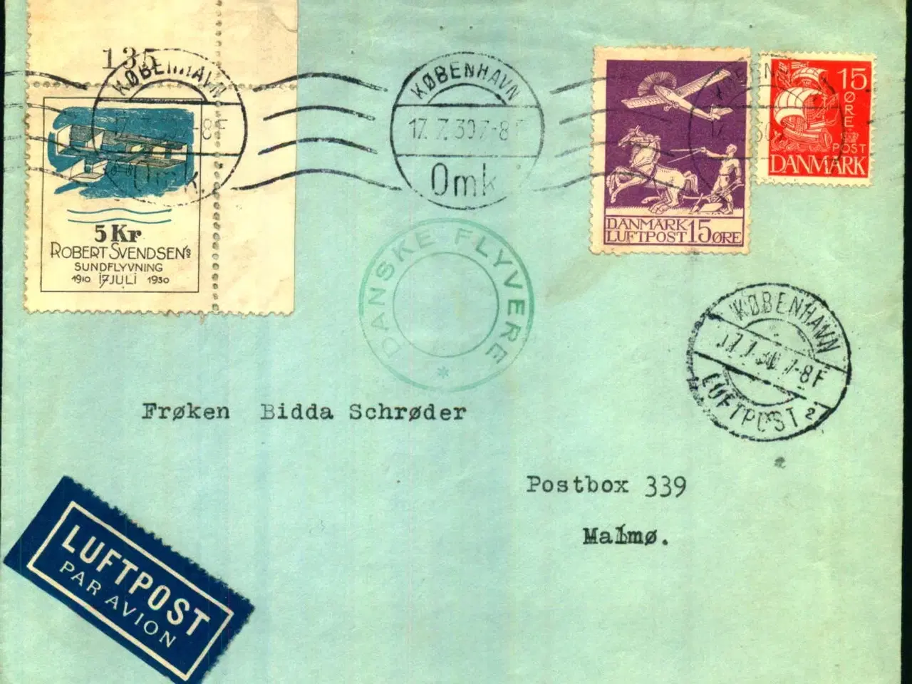 Billede 1 - Luftpost Brev fra Danmark til Sverige - Robert Svendsens Sundflyvning - 17 - 7 - 30