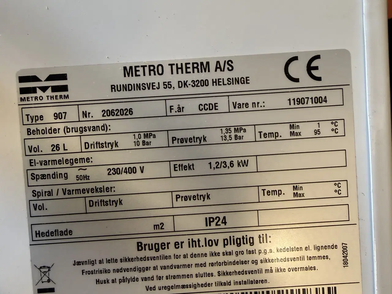 Billede 3 - Metro elvandvarmer model 30