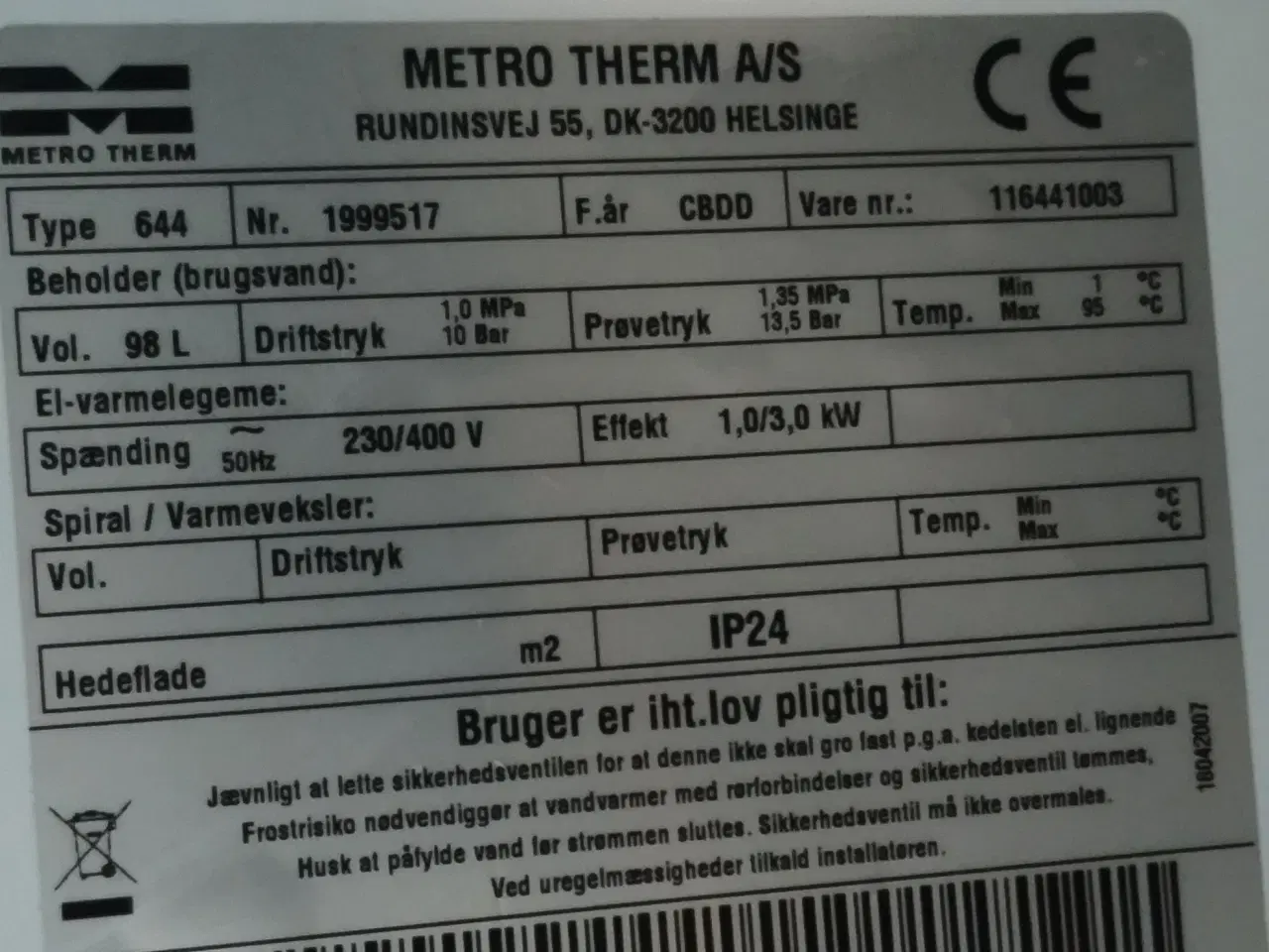 Billede 2 - Metro 110(98L) type 644 el vandvarmer byttes