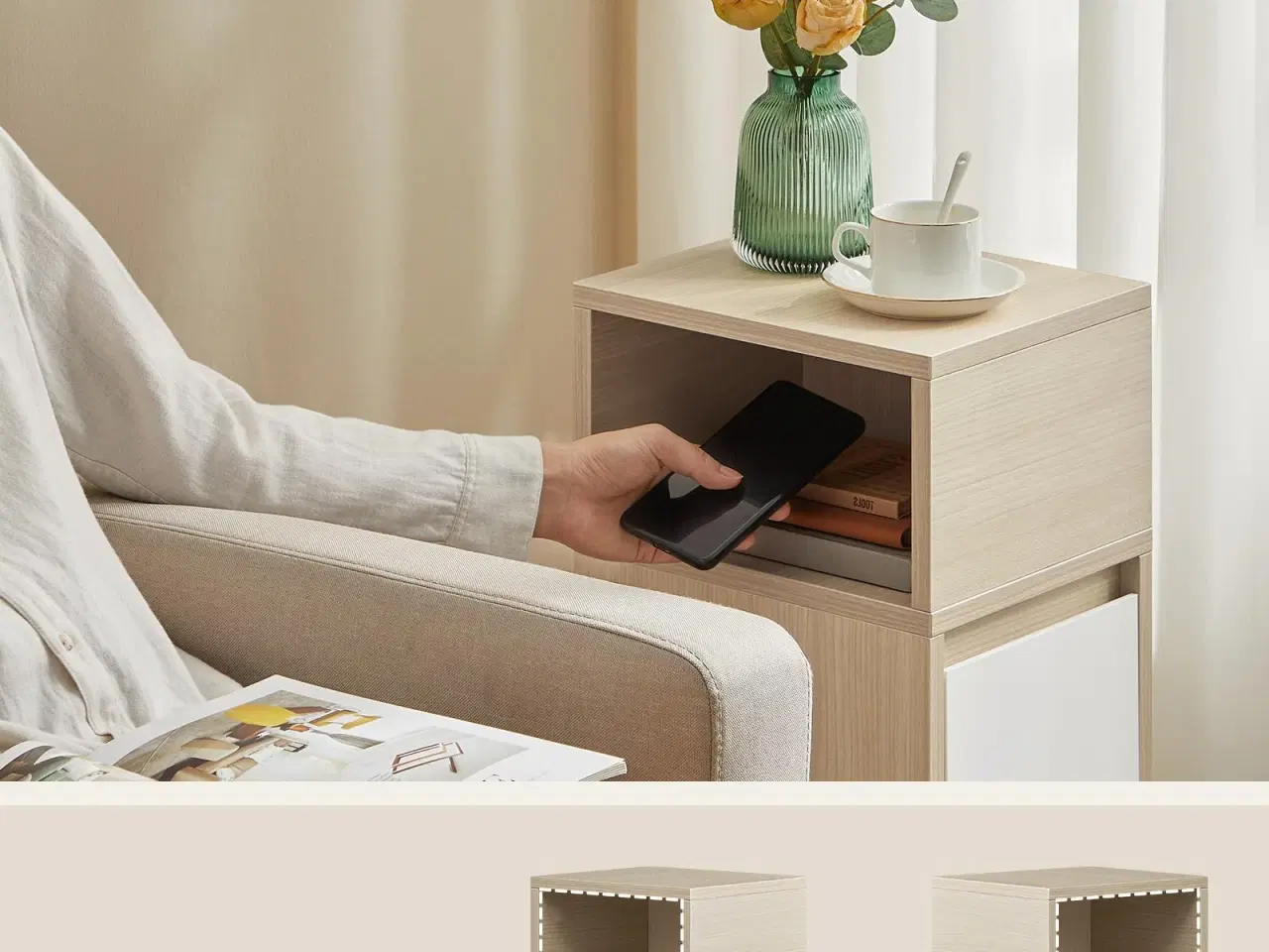 Billede 3 - Sæt med 2 slanke sengeborde med skuffer – KAILYN, naturbeige/cloud hvid