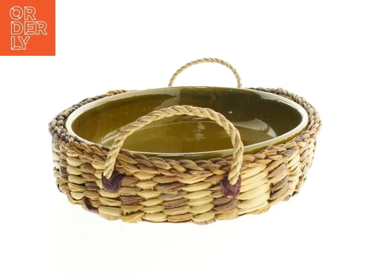Billede 2 - Flettet kurv med keramisk fad (str. 37,5x26 cm)