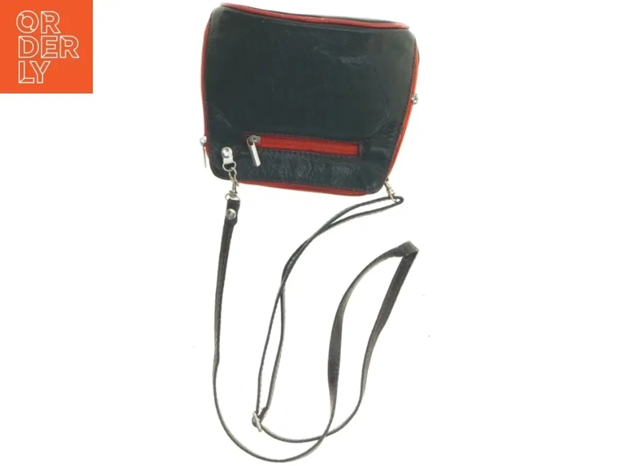 Billede 2 - Sort Vintage Læder Crossbody skuldertaske med rød kant (str. 18 x 17 cm)